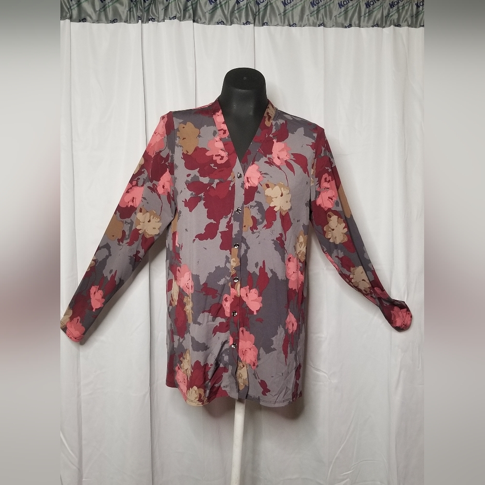 NWOT Halston Printed Jet Set Jersey Button Front Tunic Grey Small